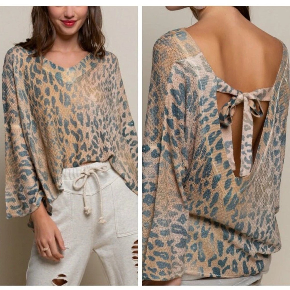 POL Sweater Sz L Leopard Print V Neck Tie Back Long Sleeve Top‎ Oversize